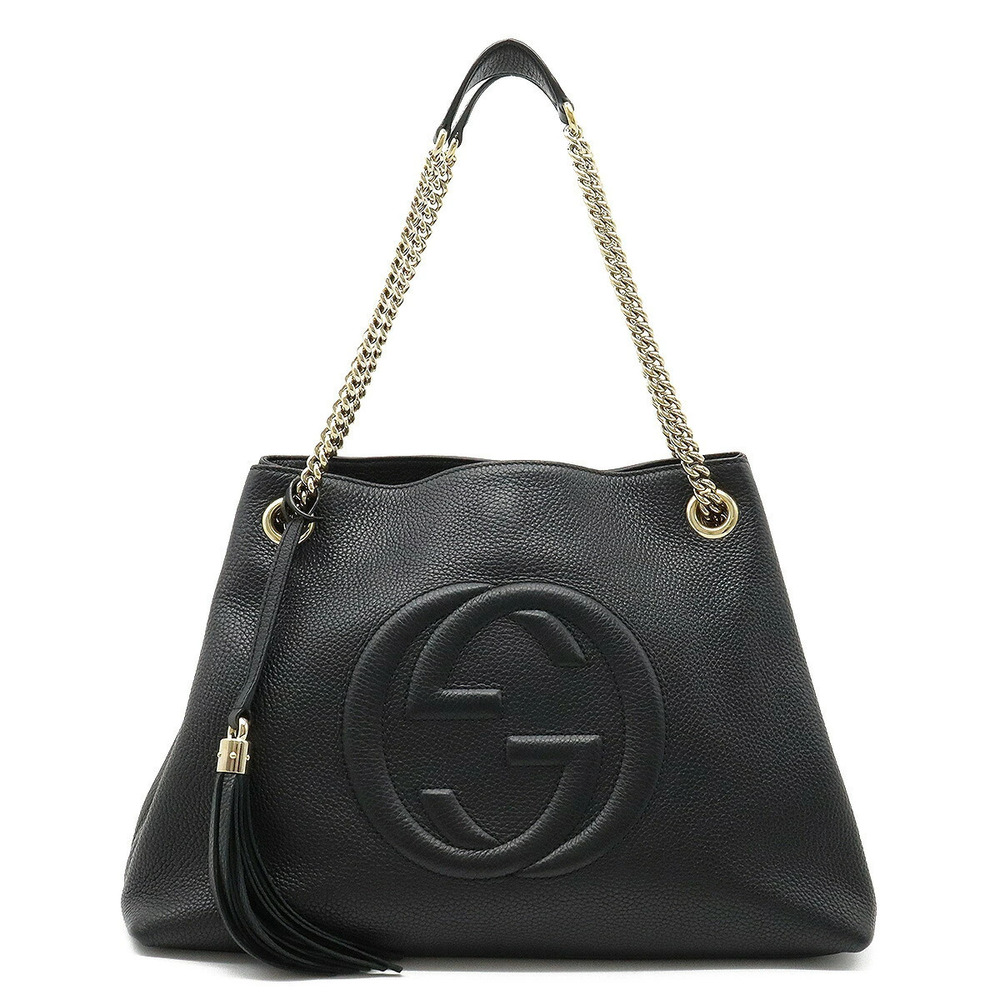 Gucci Soho Interlocking G Fringe Tote Bag Chain Shoulder Leather Black